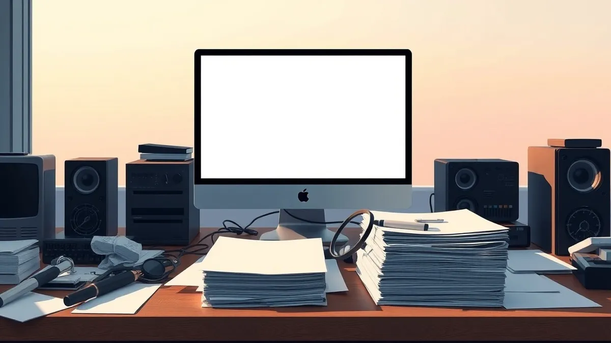 Illustration: A blank computer monitor sits on a cluttered desk, displaying only abstract geometric shapes.