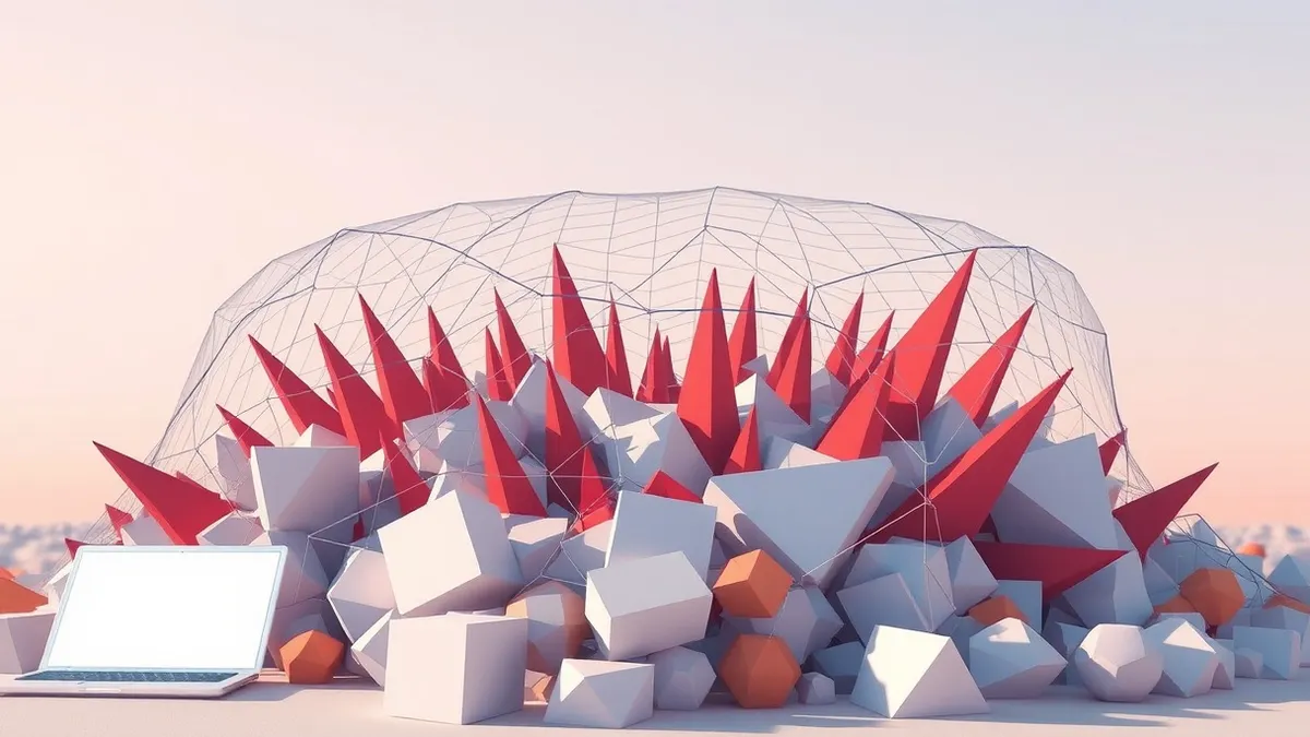 Illustration: A translucent digital net hovers over a chaotic cluster of abstract geometric shapes, capturing erratic red spikes while letting smooth blue lines pass through.