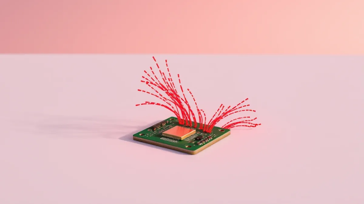 Illustration: A small green circuit board with a tiny gold chip sits on a white table.
