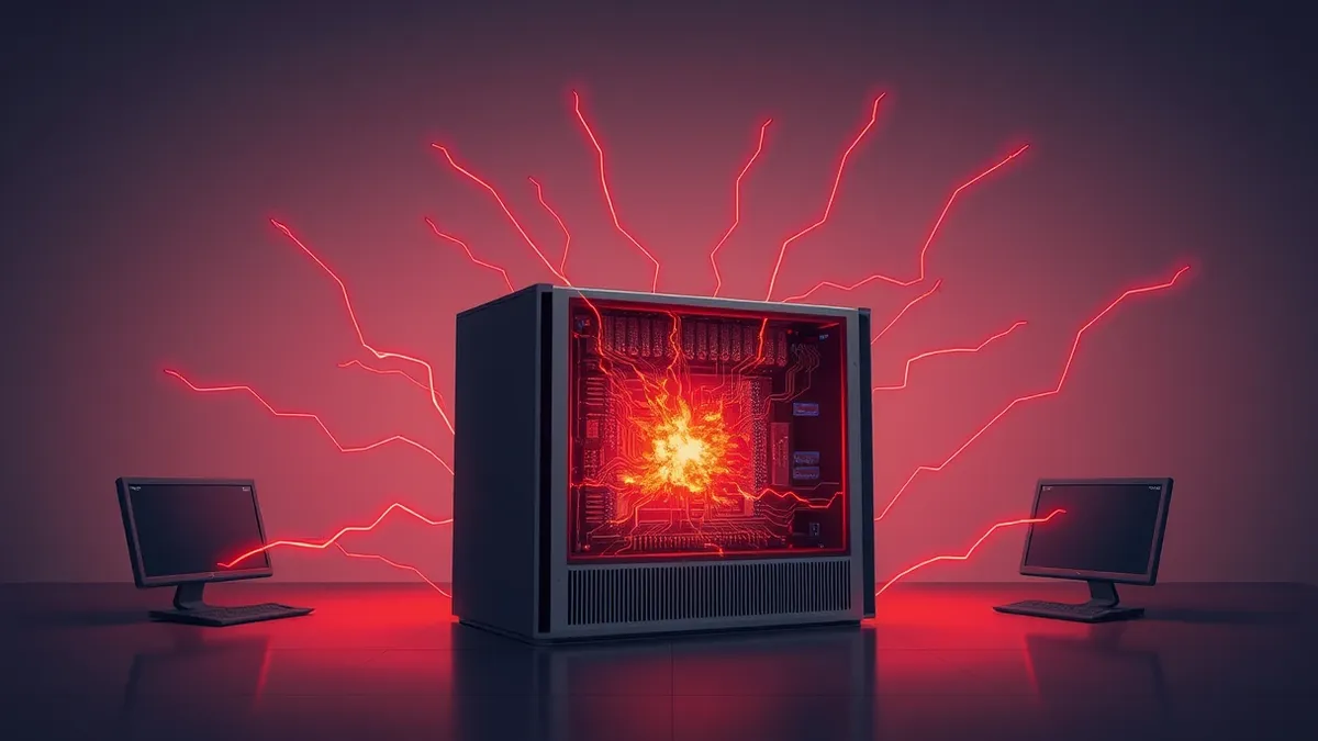 Illustration: A sleek server unit sits in a dim room while jagged red lines pierce through its metal casing from the outside.