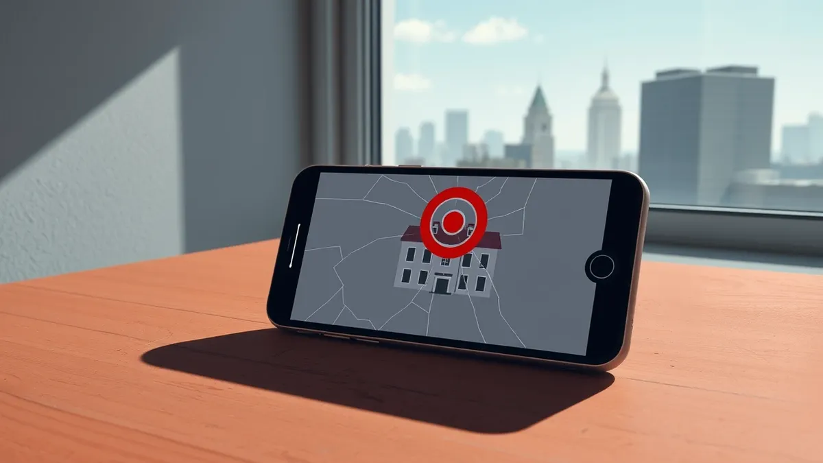 Illustration: A cracked smartphone screen displays a single red target icon hovering over a stylized university building.