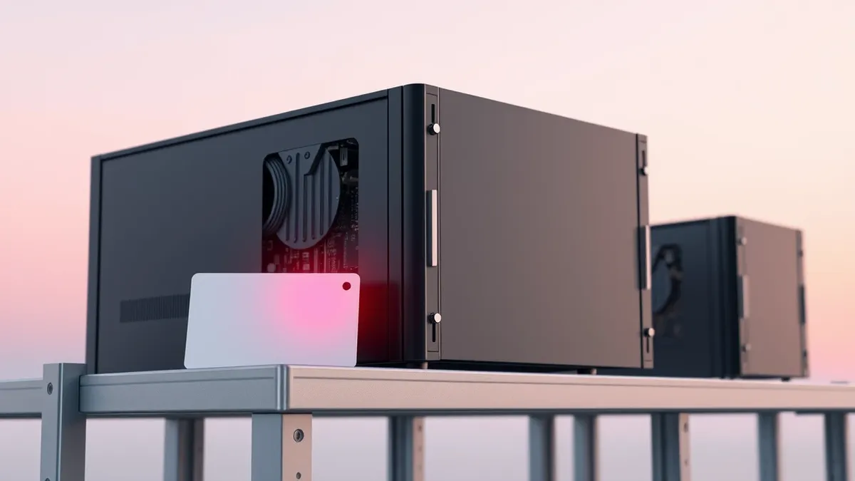 Illustration: A sleek black server unit sits on a metal shelf with its front panel open, revealing exposed circuit boards.