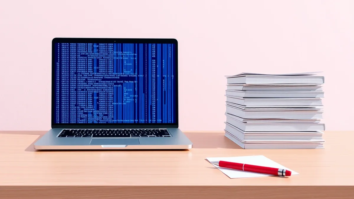 Illustration: A sleek laptop sits on a clean wooden desk, its screen displaying columns of abstract blue code blocks.