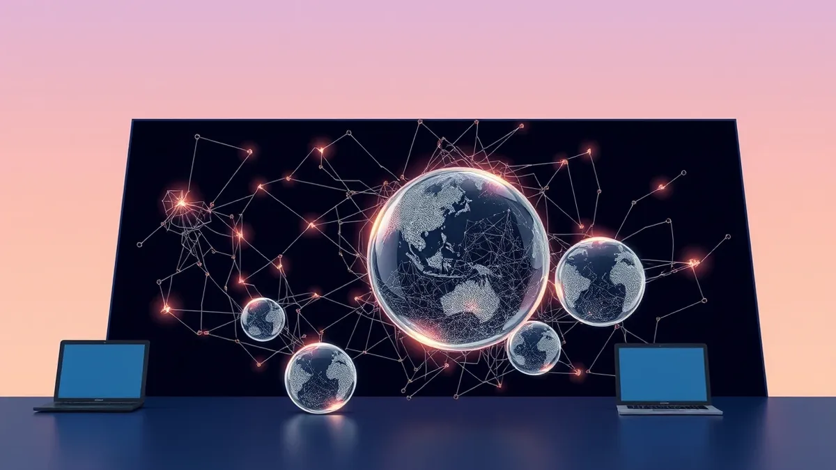 Illustration: A complex web of glowing digital threads tangles around fragile glass spheres representing global markets, with dark jagged cracks forming on the surfaces.