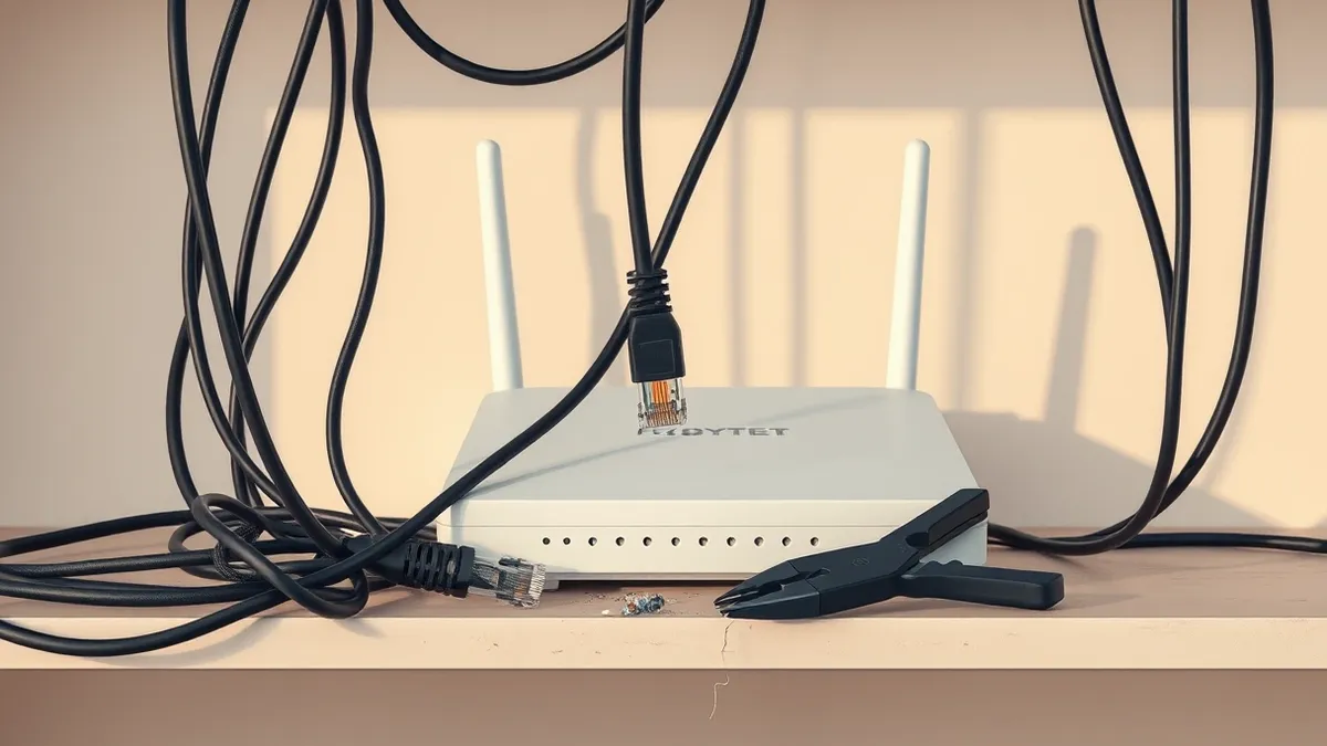Illustration: A tangled nest of black ethernet cables connects to a white router sitting on a dusty shelf.