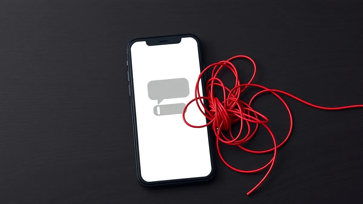 Illustration: A sleek black smartphone rests on a dark wooden desk, its screen displaying a blank white chat interface with a single abstract gray speech bubble.