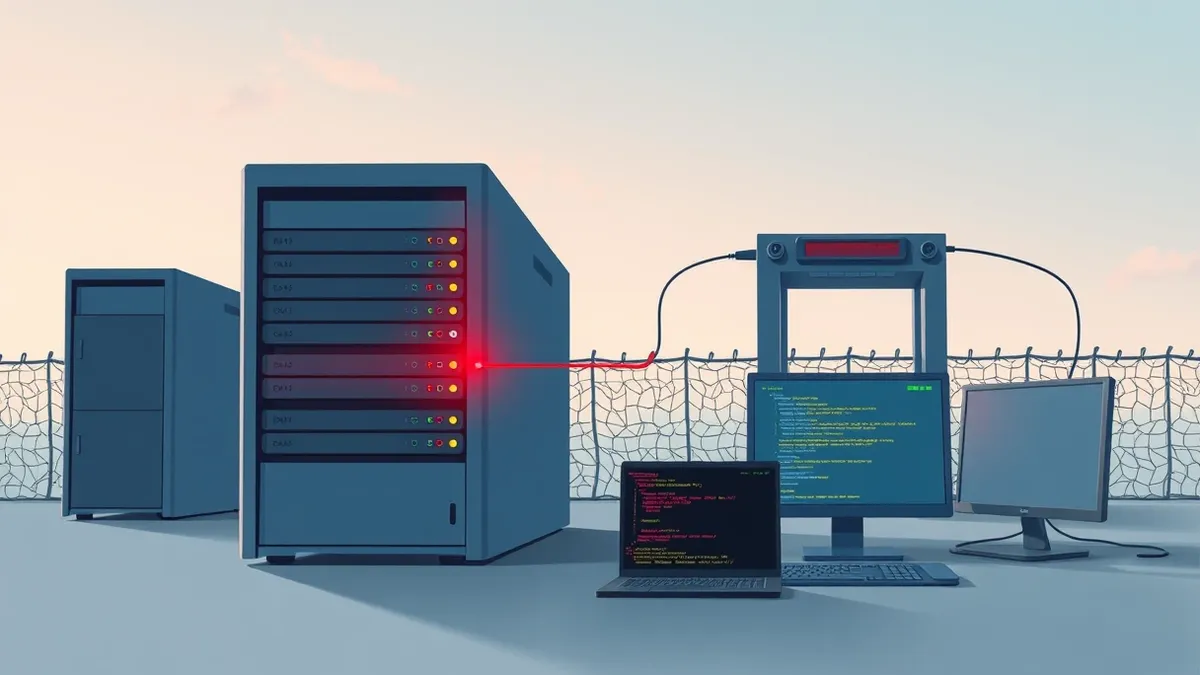 Illustration: A generic database server sits behind a firewall, sending structured data packets toward a network gateway.
