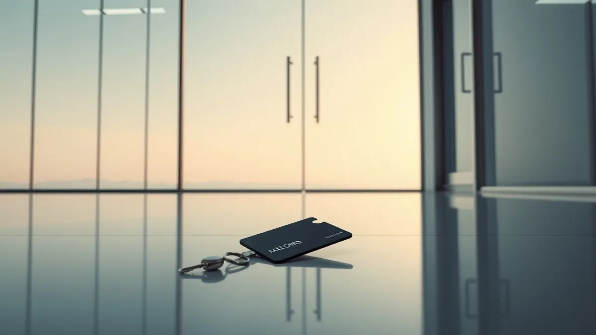 Illustration: A single sleek black keycard lies discarded on a polished office floor near a modern glass door.