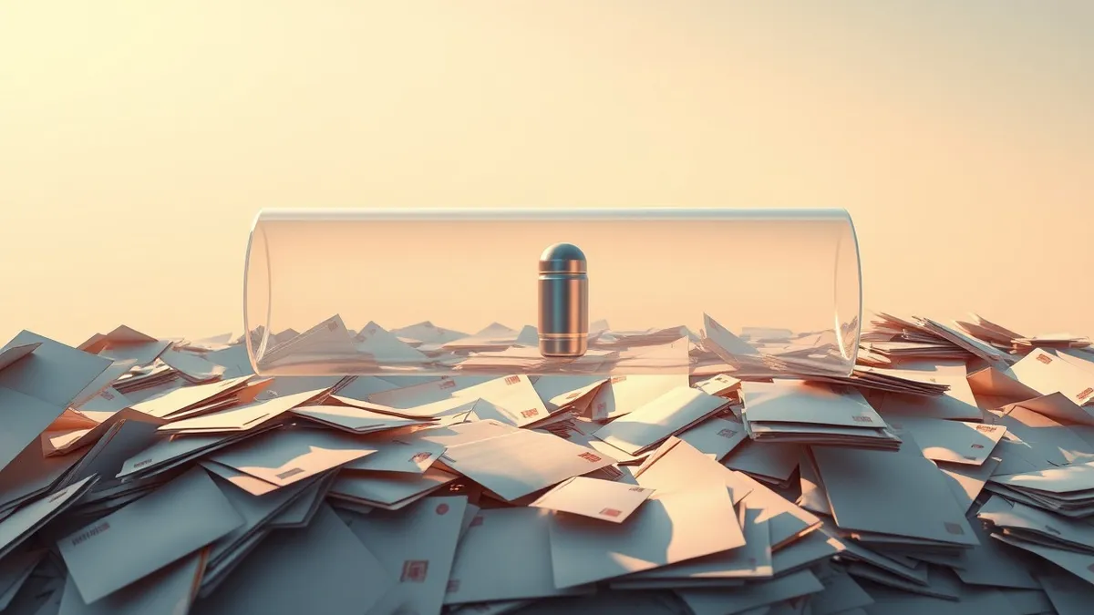 Illustration: A transparent glass tube floats above a messy pile of physical mail envelopes.