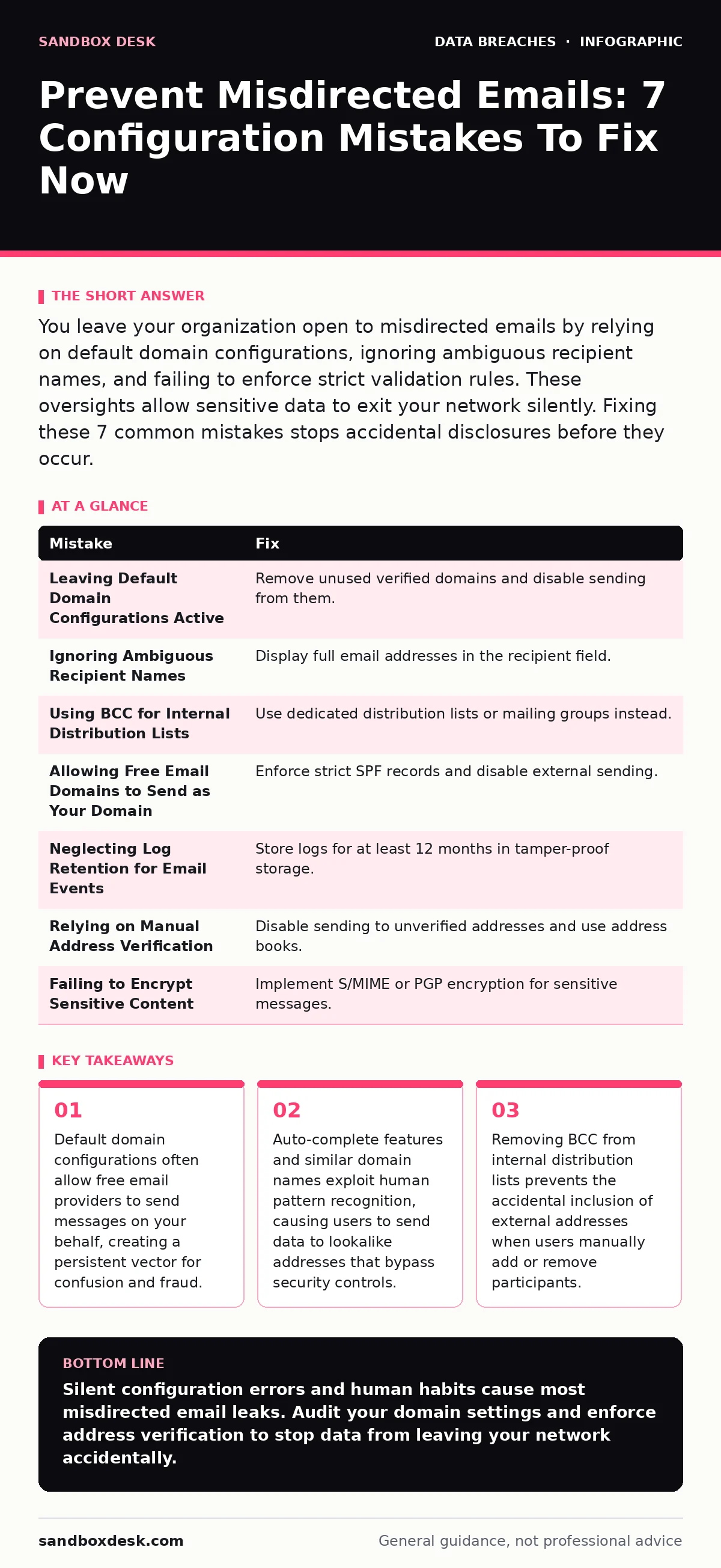 Infographic: Prevent Misdirected Emails: 7 Configuration Mistakes To Fix Now. Default domain configurations often allow free email providers to send messages on your behalf, creating a persistent vector for confusion and fraud. Auto-complete features and similar domain names exploit human pattern re