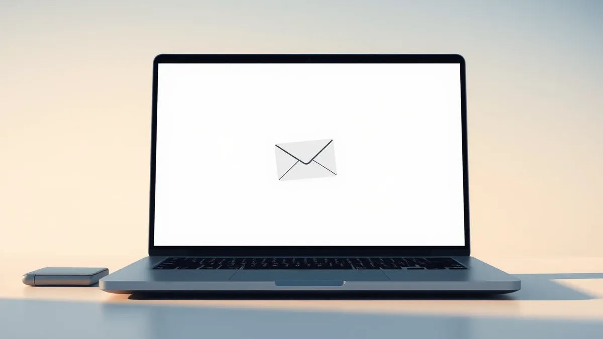 Illustration: An open laptop displays a blank email composition window with a single envelope icon hovering near the send button.