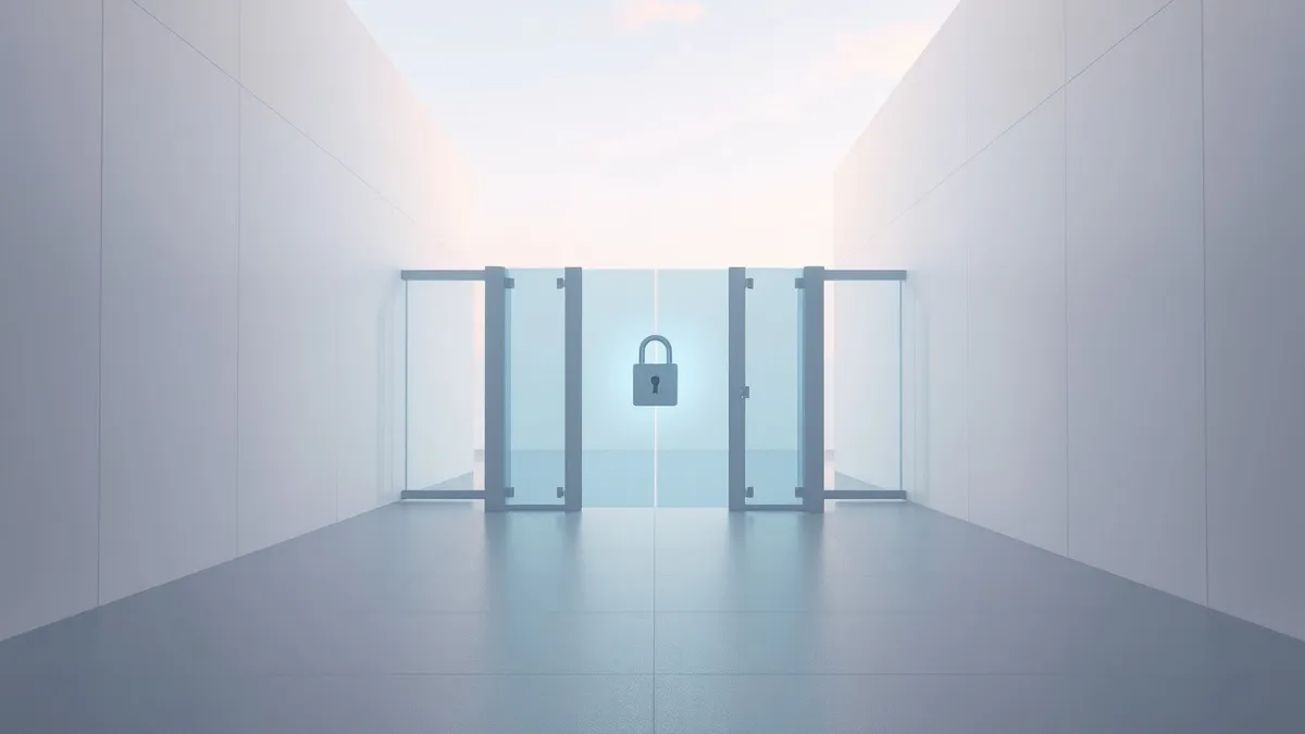 Illustration: A sleek, transparent security gate stands closed in a clean digital hallway.