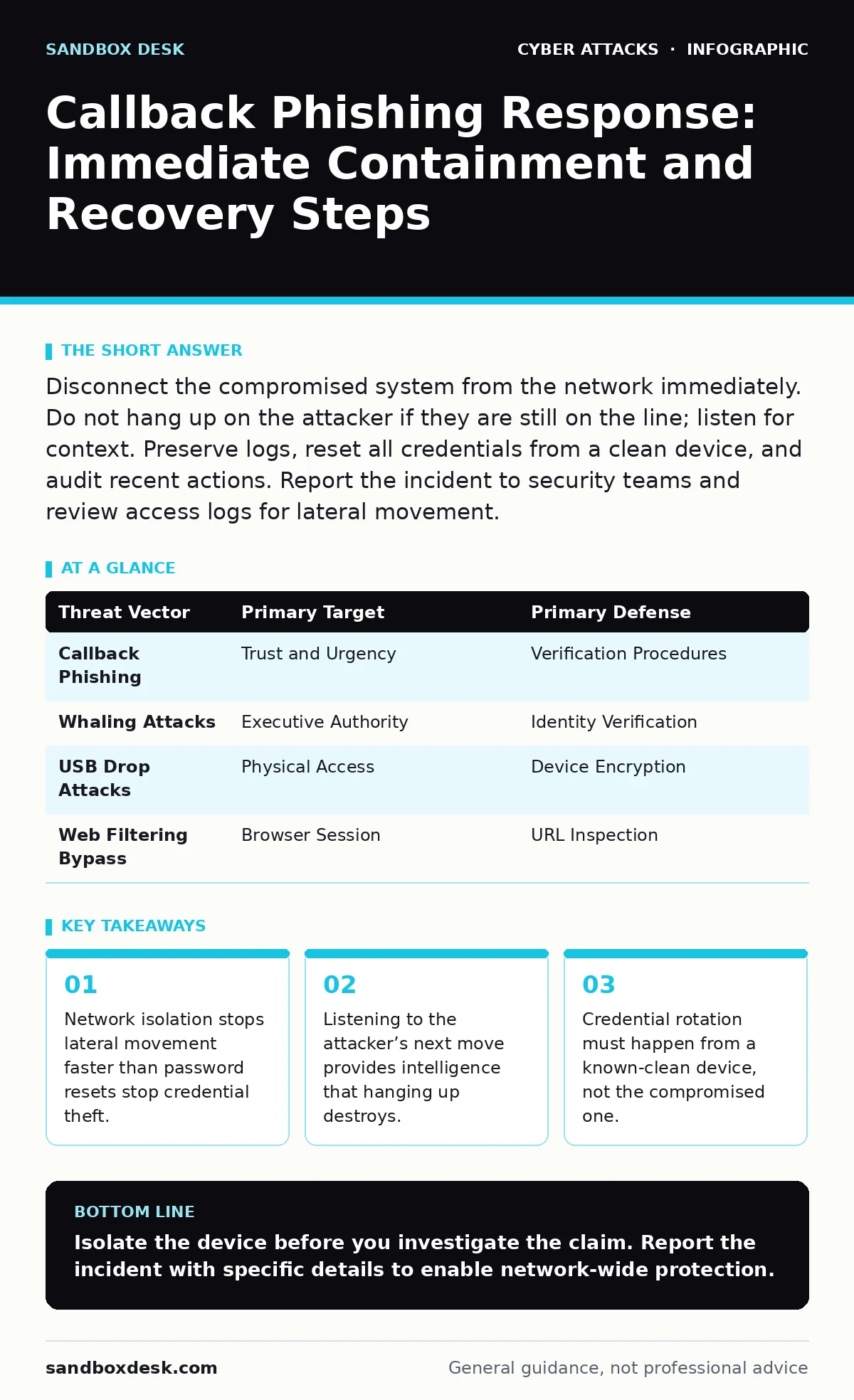 Infographic: Callback Phishing Response: Immediate Containment and Recovery Steps. Network isolation stops lateral movement faster than password resets stop credential theft. Listening to the attacker’s next move provides intelligence that hanging up destroys. Credential rotation must happen from a