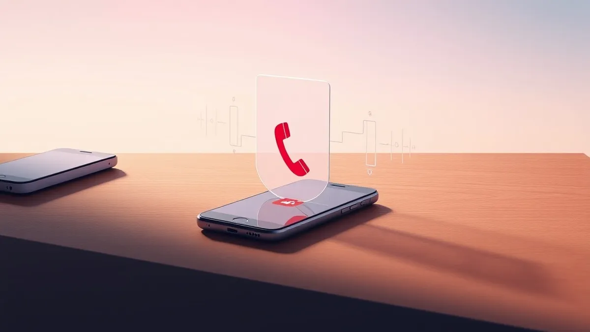 Illustration: A sleek smartphone rests on a wooden desk with its screen displaying a red phone icon and a single slash through it.