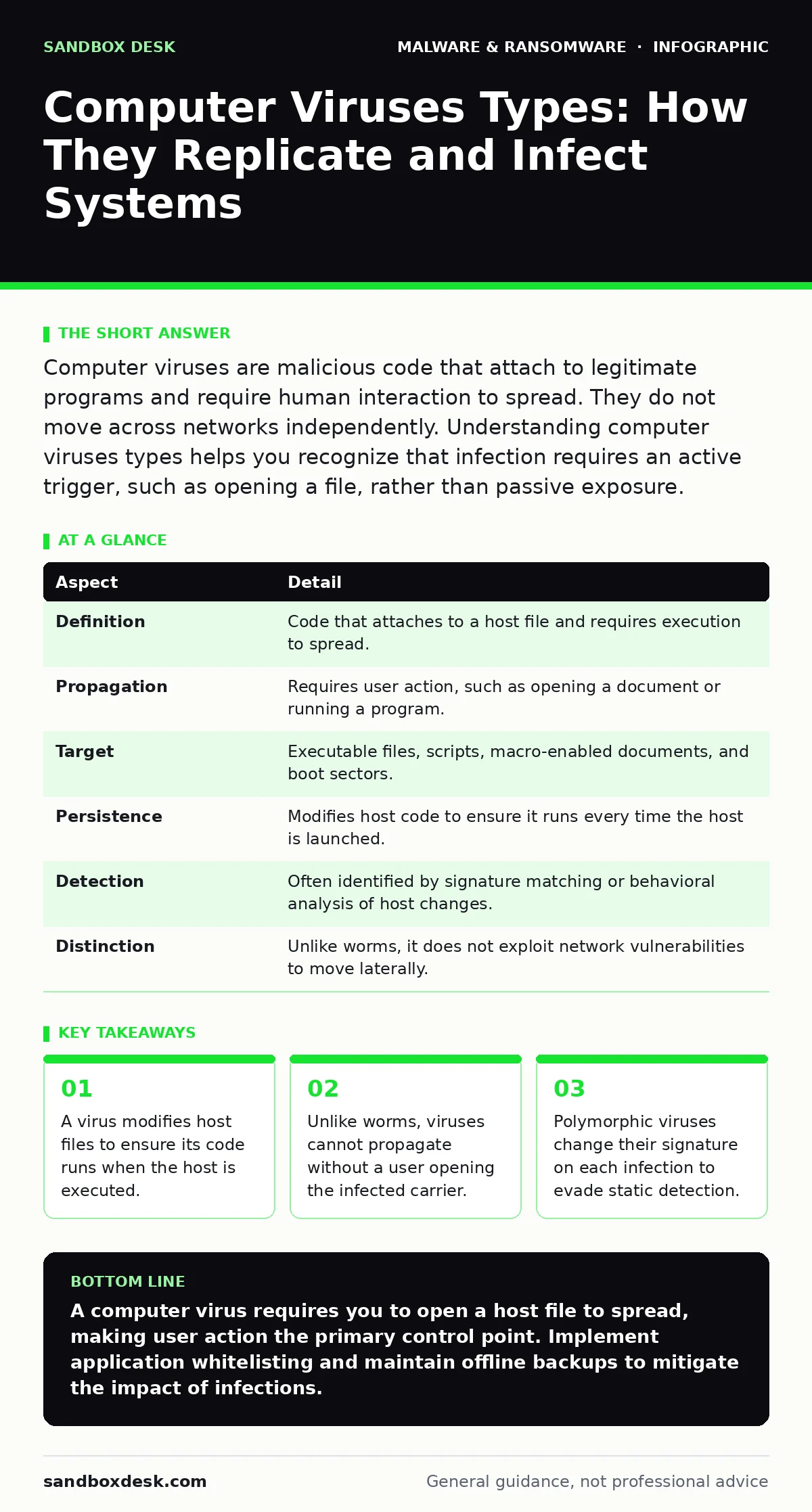 Infographic: Computer Viruses Types: How They Replicate and Infect Systems. A virus modifies host files to ensure its code runs when the host is executed. Unlike worms, viruses cannot propagate without a user opening the infected carrier. Polymorphic viruses change their signature on each infection