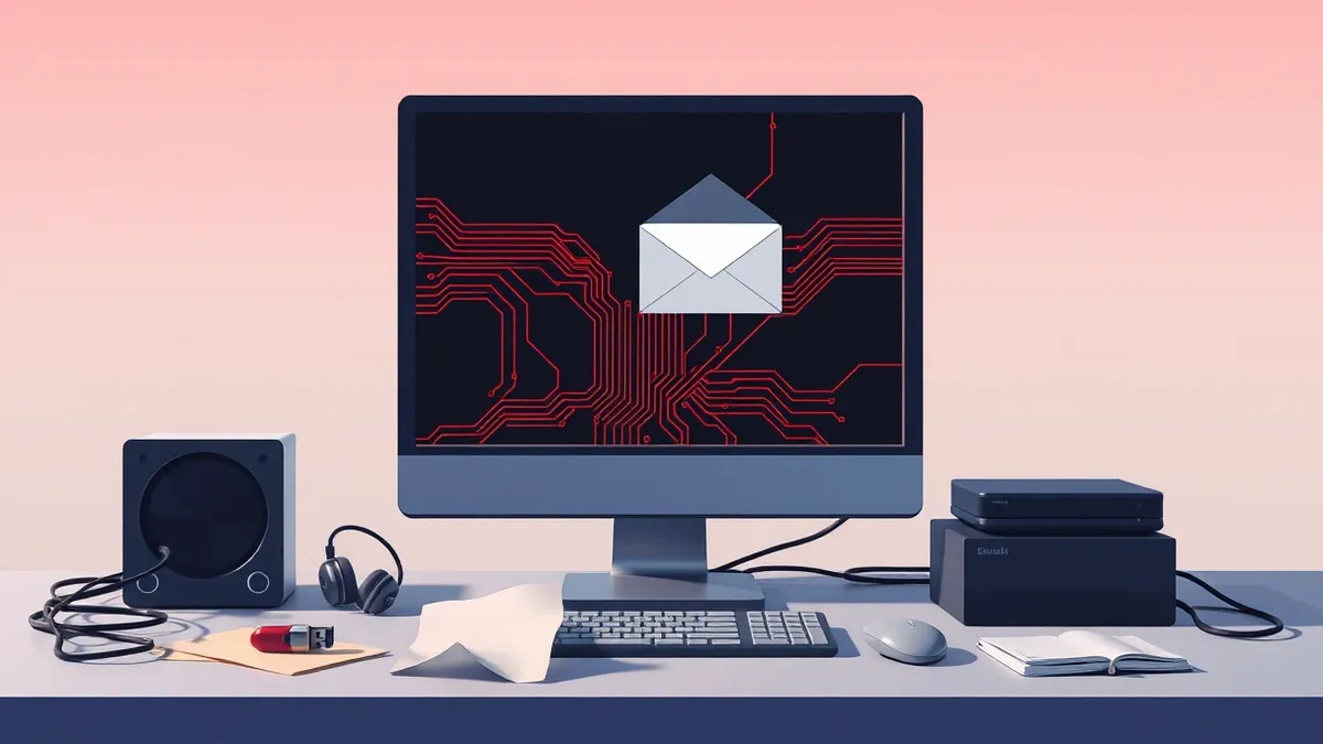 Illustration: A generic desktop computer sits on a cluttered desk next to a discarded USB drive and a crumpled sticky note.