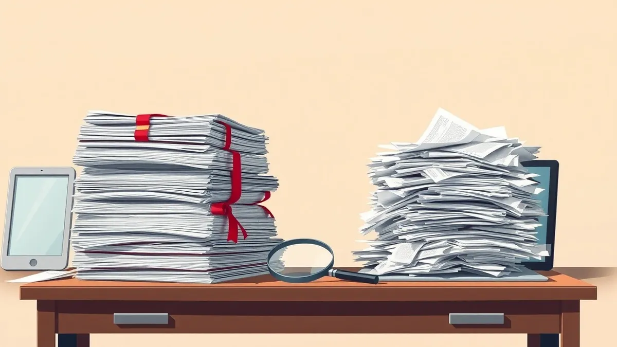 Illustration: A cluttered desk holds two distinct stacks of papers.