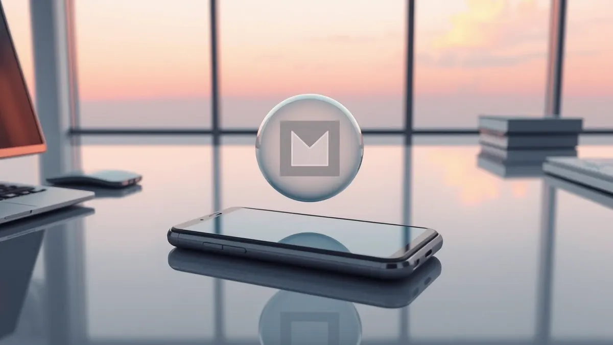 Illustration: A sleek smartphone rests on a polished office desk, its screen displaying a single abstract geometric shape floating within a translucent, bubble-like boundary.
