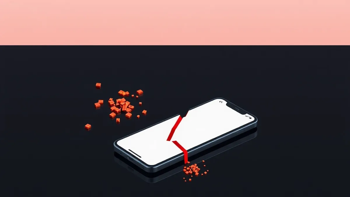 Illustration: A sleek smartphone rests on a dark desk, its screen displaying a blank white application interface with simple gray geometric buttons.
