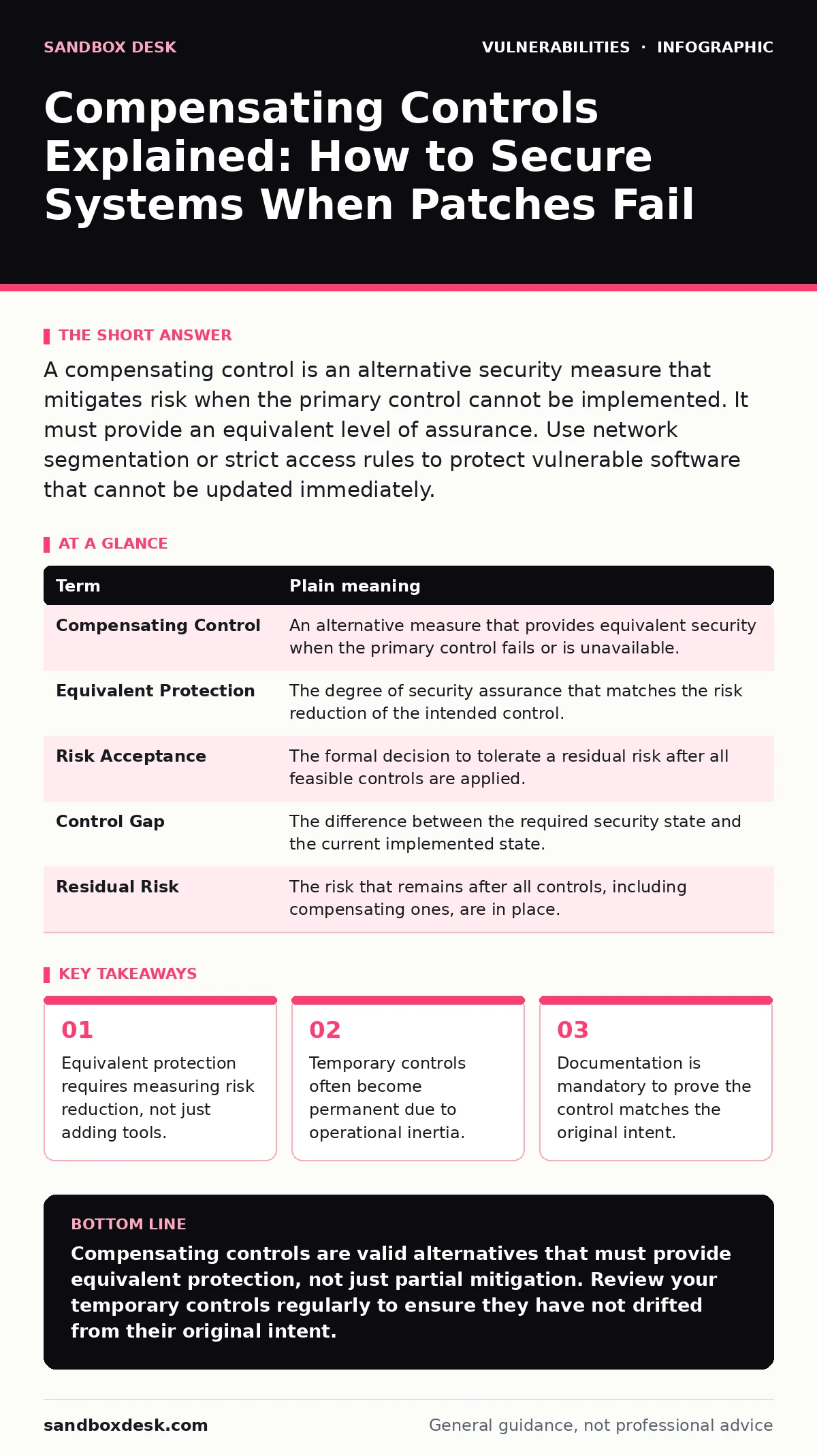 Infographic: Compensating Controls Explained: How to Secure Systems When Patches Fail. Equivalent protection requires measuring risk reduction, not just adding tools. Temporary controls often become permanent due to operational inertia. Documentation is mandatory to prove the control matches the ori