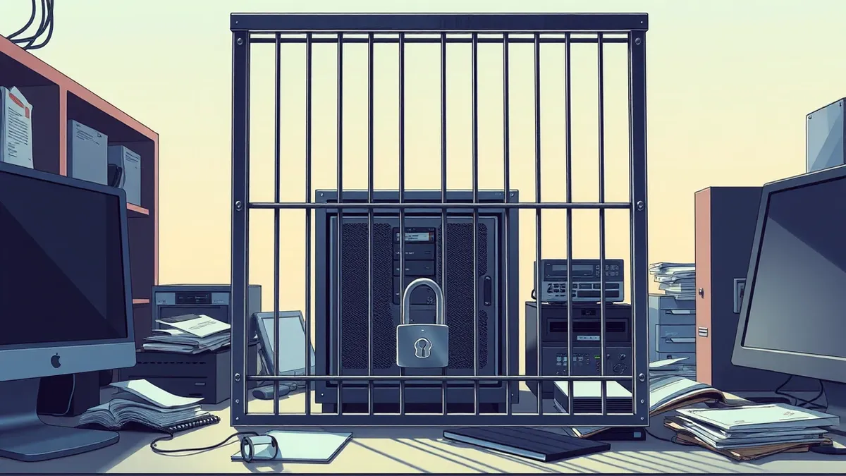 Illustration: A sturdy metal cage surrounds an unpatched server box sitting on a cluttered office desk.