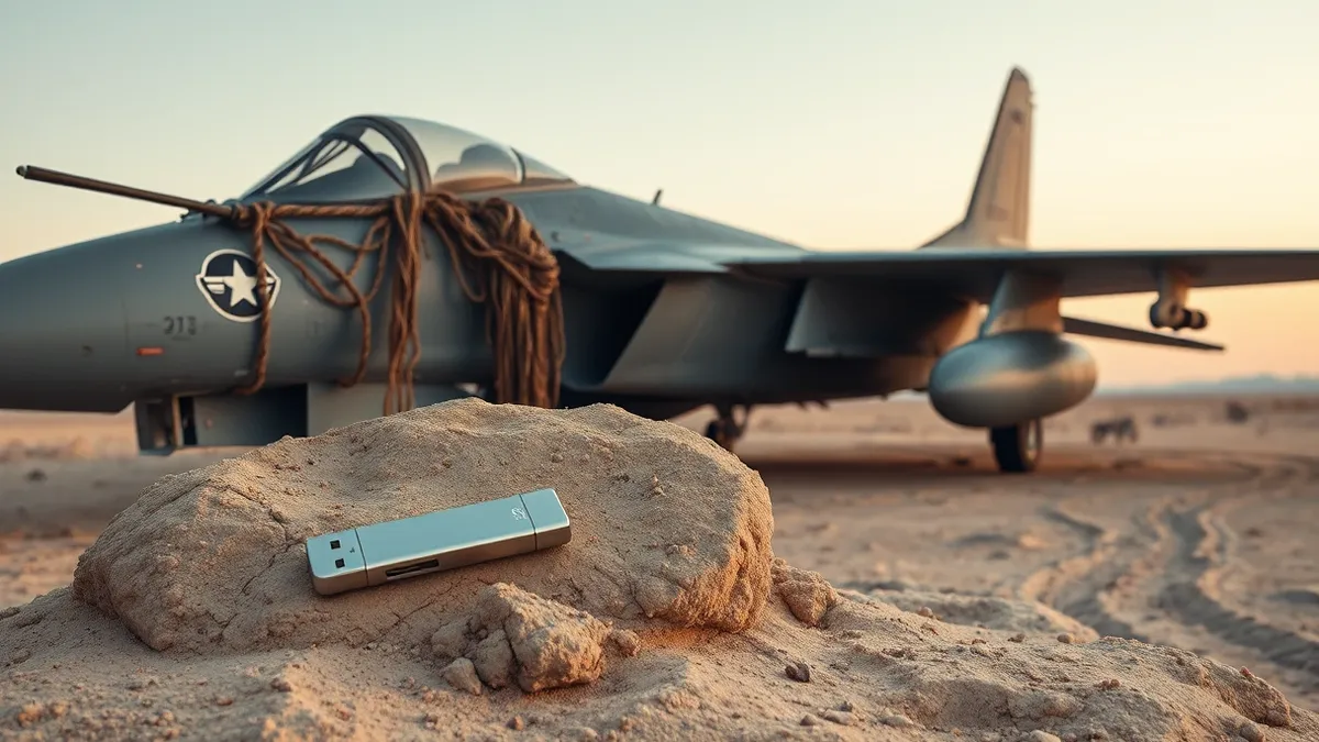 Illustration: A silver USB flash drive rests on a dusty desert rock beside the cracked wing of a military fighter jet.