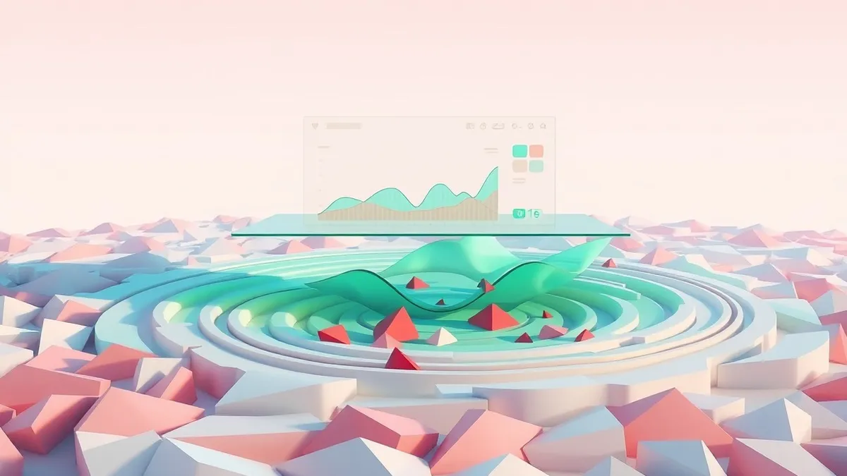 Illustration: A translucent glass dashboard floats above a swirling mass of abstract geometric shapes.