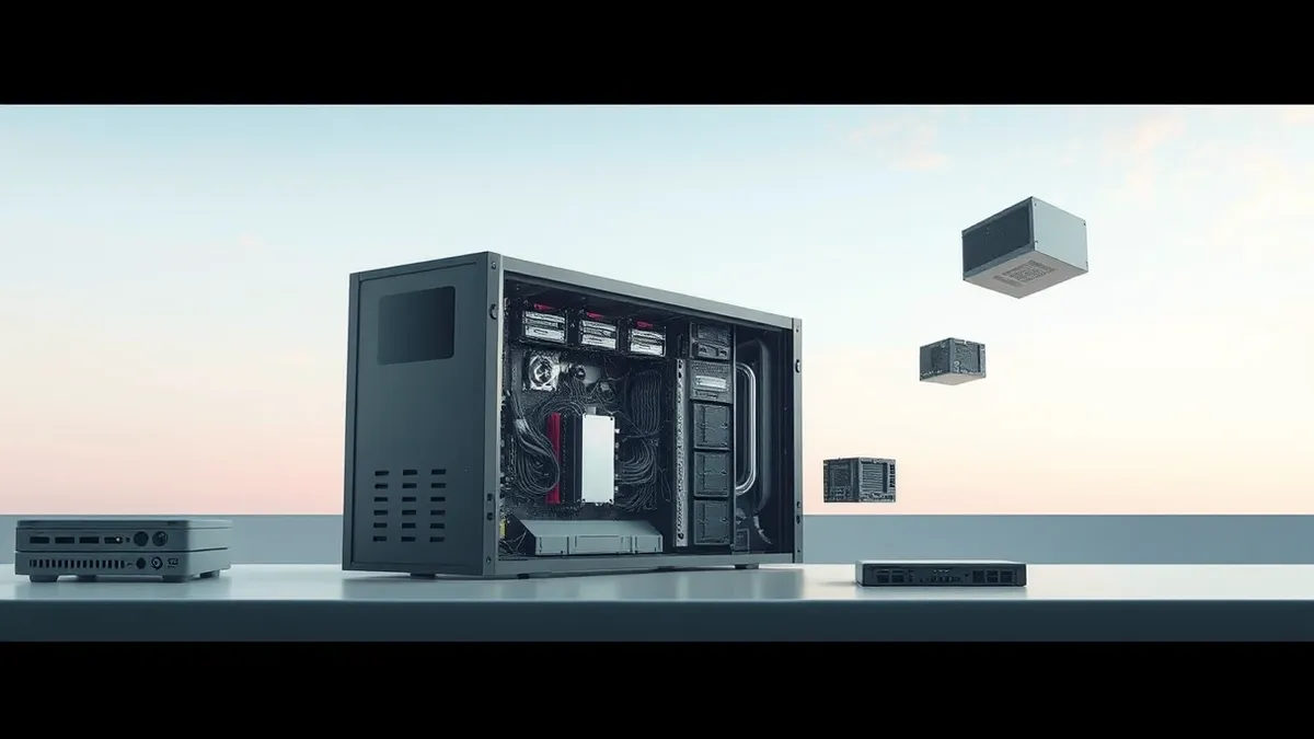 Illustration: A sleek server chassis sits open on a clean workbench, exposing bare circuit boards and cooling pipes.