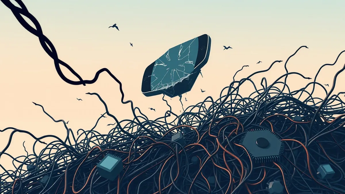 Illustration: A cracked smartphone screen floats above a chaotic tangle of tangled wires and broken circuit boards.