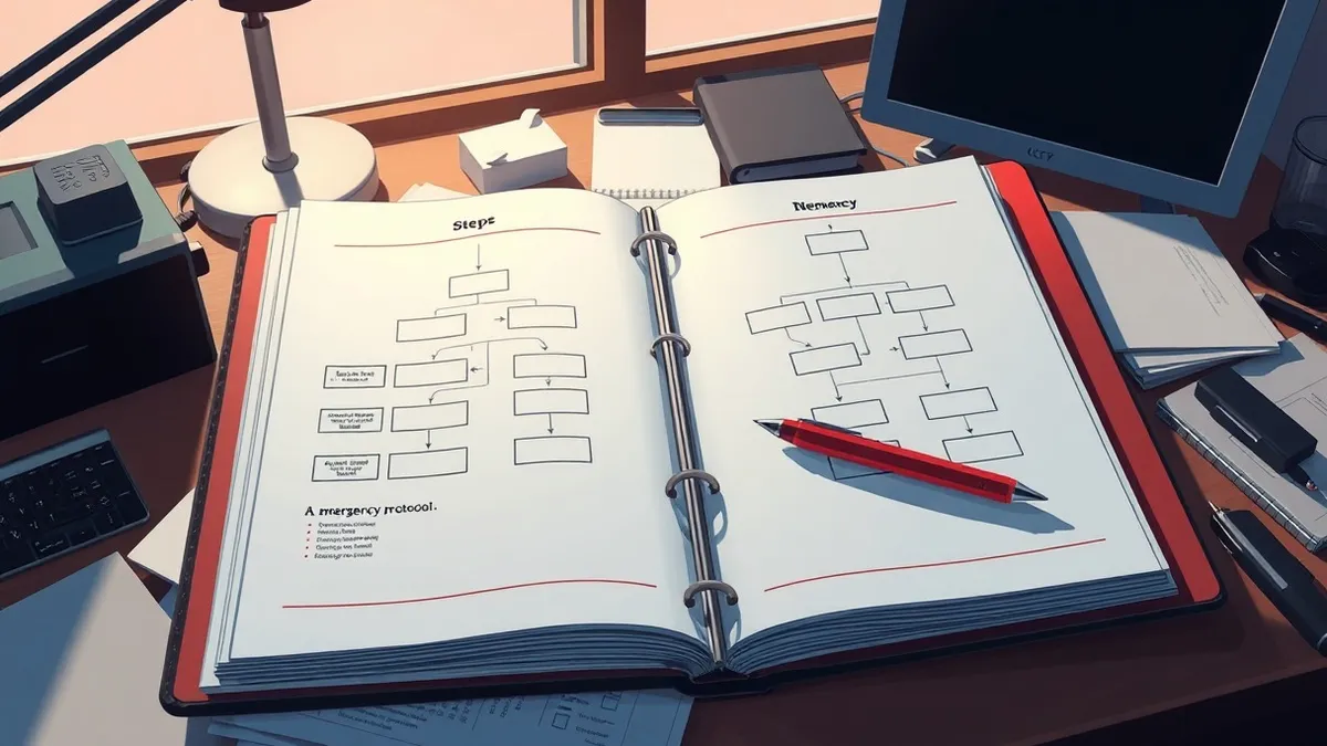 Illustration: An open binder lies on a cluttered desk, its pages displaying structured flowcharts and decision trees with arrows connecting blank boxes.