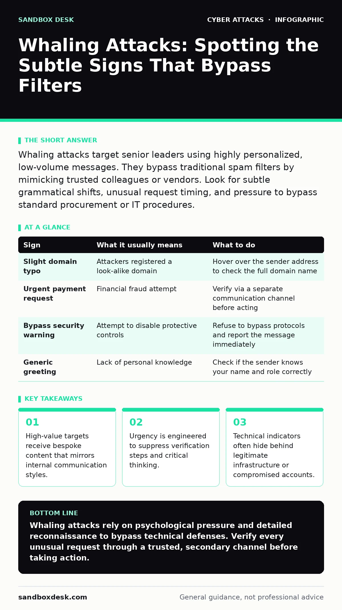 Infographic: Whaling Attacks: Spotting the Subtle Signs That Bypass Filters. High-value targets receive bespoke content that mirrors internal communication styles. Urgency is engineered to suppress verification steps and critical thinking. Technical indicators often hide behind legitimate infrastruc