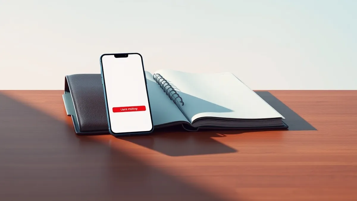 Illustration: A sleek office desk holds a smartphone displaying a blank message interface with a red urgent notification badge.