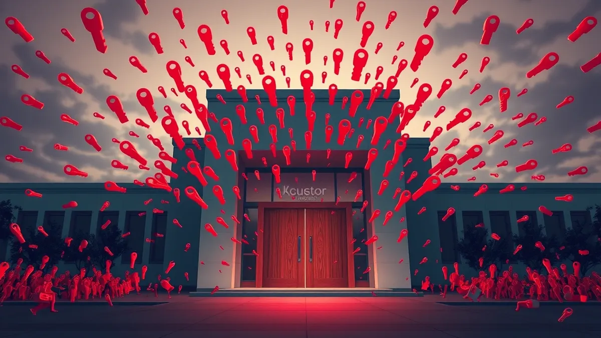Illustration: A modern university building stands under a dark sky as countless red digital keys swarm toward its front door.