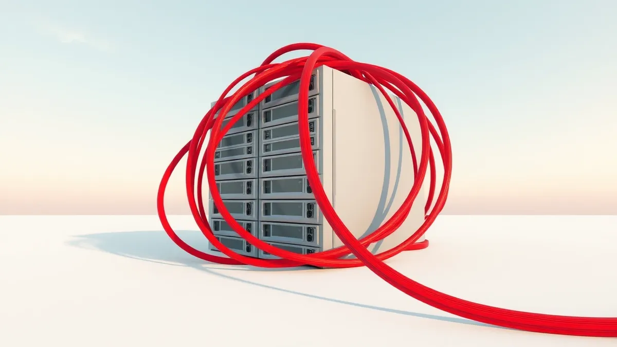 Illustration: A long, tangled red cable coils tightly around a stack of plain gray server drives on a clean white floor.
