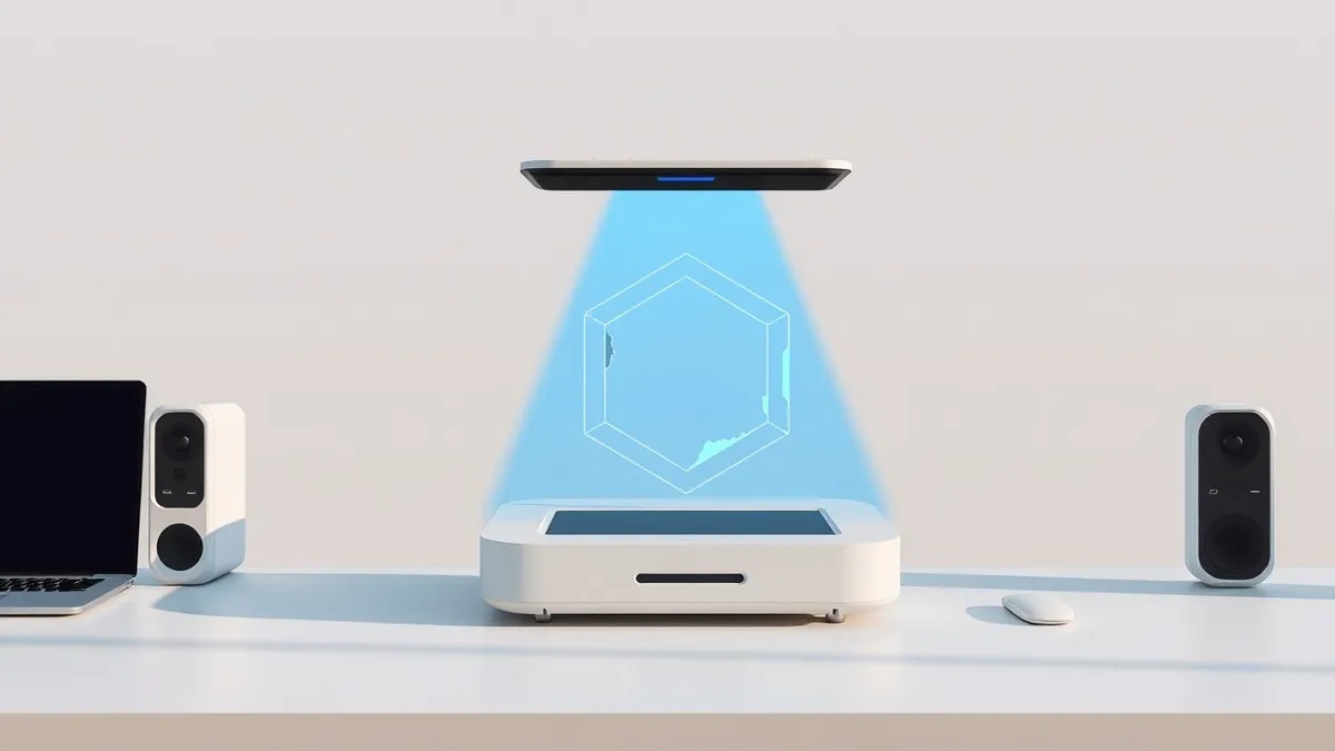 Illustration: A sleek white scanner device sits on a clean desk, projecting a soft blue light onto a translucent geometric shape representing unknown code.