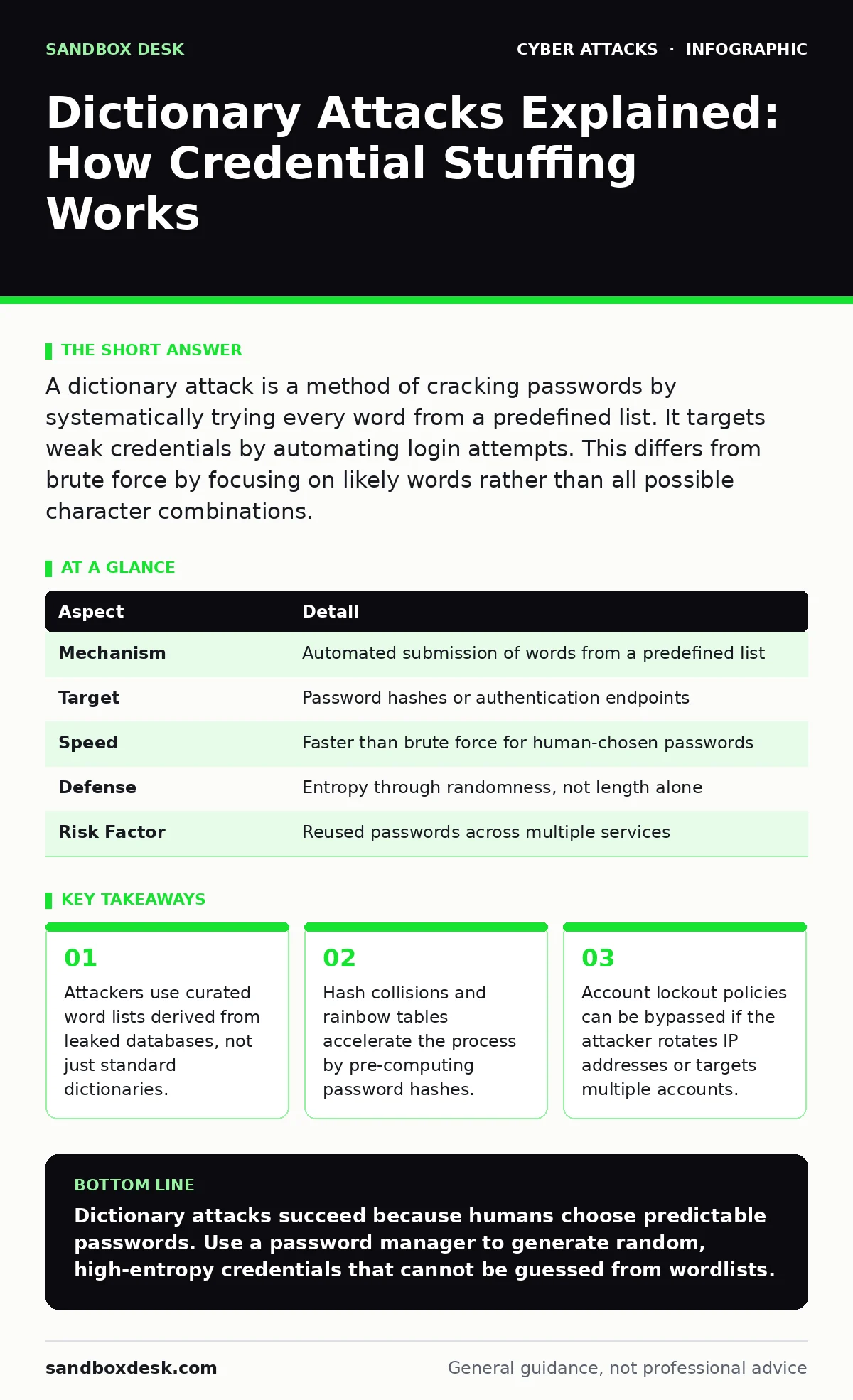 Infographic: Dictionary Attacks Explained: How Credential Stuffing Works. Attackers use curated word lists derived from leaked databases, not just standard dictionaries. Hash collisions and rainbow tables accelerate the process by pre-computing password hashes. Account lockout policies can be bypass