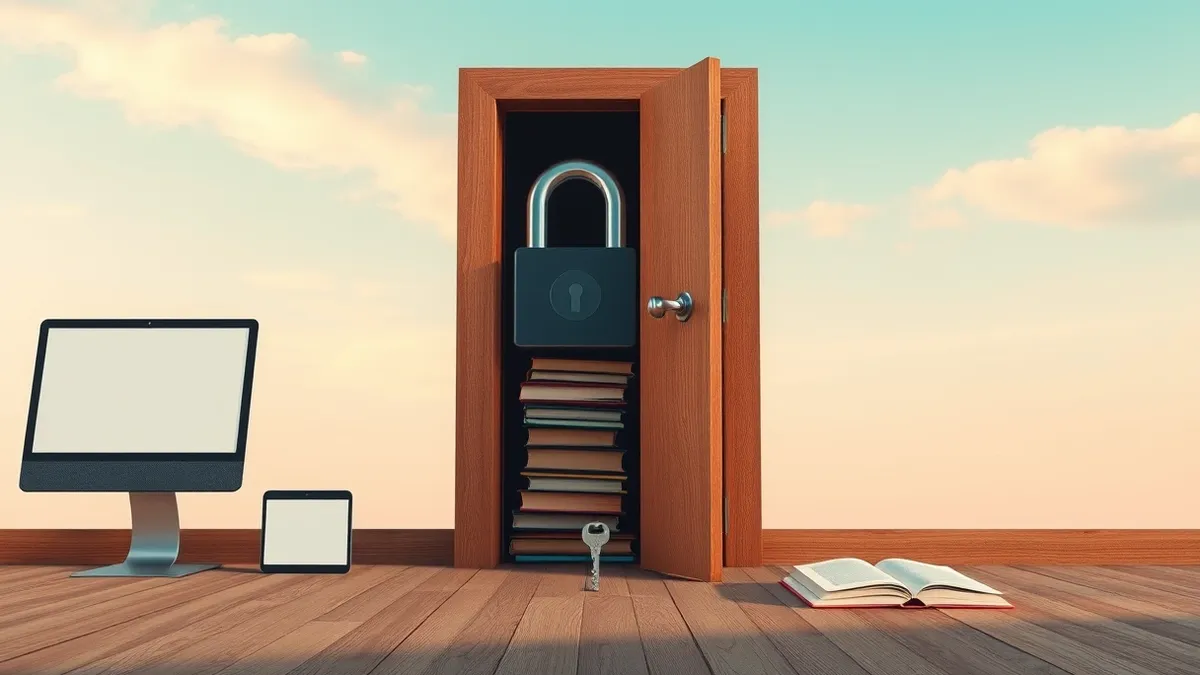 Illustration: A digital lock sits open on a heavy wooden door, revealing a stack of worn books inside.