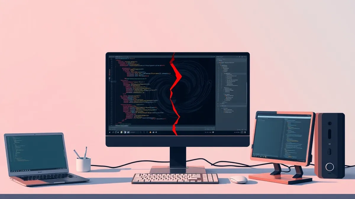 Illustration: A generic software development interface sits on a desk, displaying blank code windows and empty toolbars.