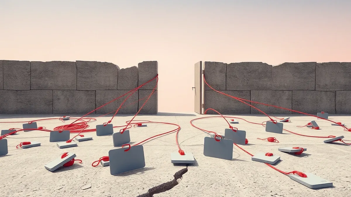 Illustration: A tangled web of thin red threads connects scattered gray identity cards to a central open door, bypassing locked walls.