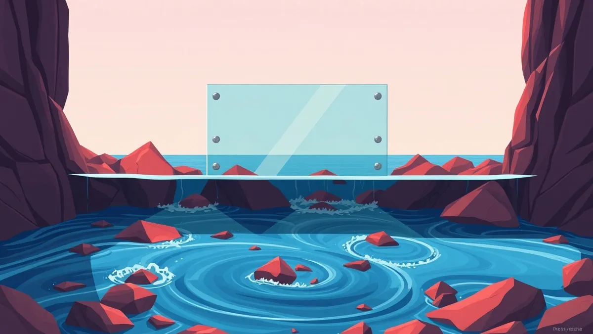 Illustration: A transparent glass barrier stands in the middle of a flowing river, stopping jagged red rocks while letting smooth blue water pass through.
