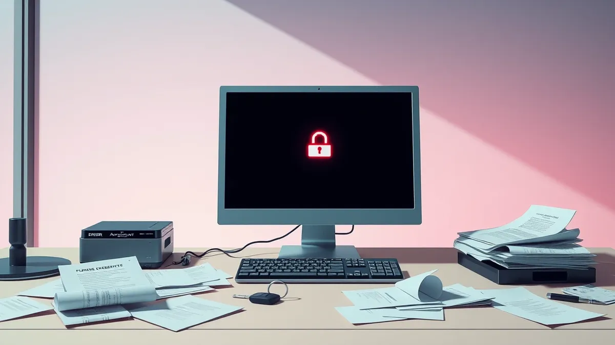 Illustration: A blank computer monitor sits on a cluttered desk, surrounded by scattered papers and a single keycard resting near the keyboard.