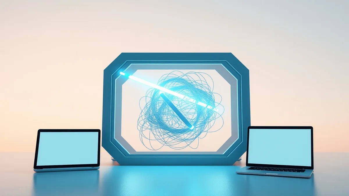 Illustration: A sleek, modern security scanner emits a soft blue beam that passes through a complex, tangled knot of digital threads.