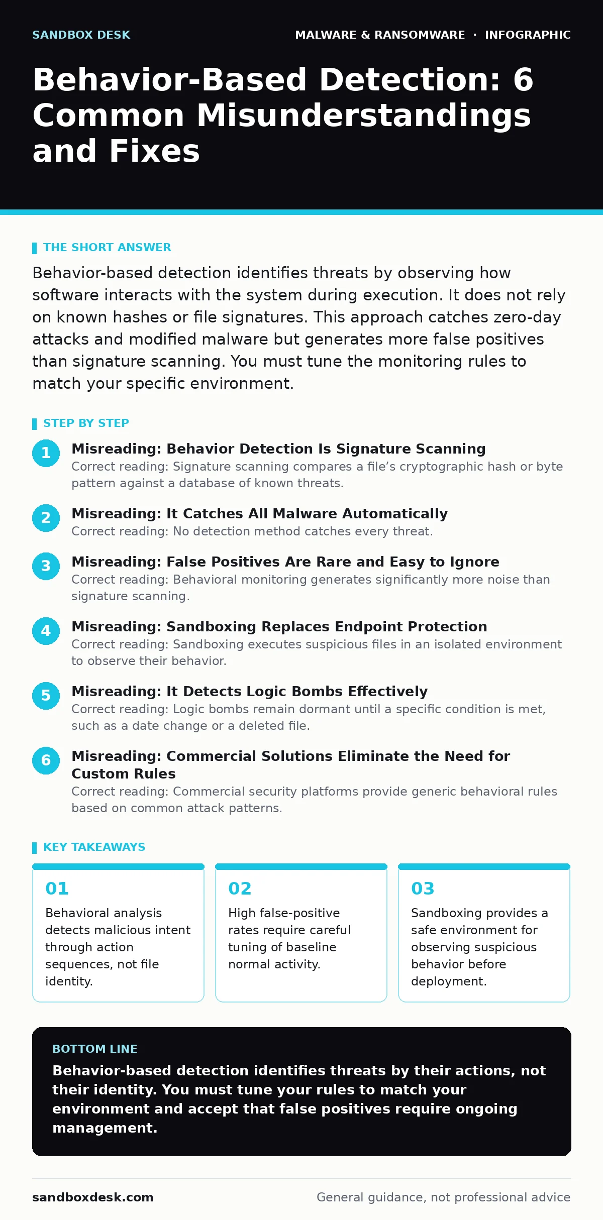 Infographic: Behavior-Based Detection: 6 Common Misunderstandings and Fixes. Behavioral analysis detects malicious intent through action sequences, not file identity. High false-positive rates require careful tuning of baseline normal activity. Sandboxing provides a safe environment for observing su