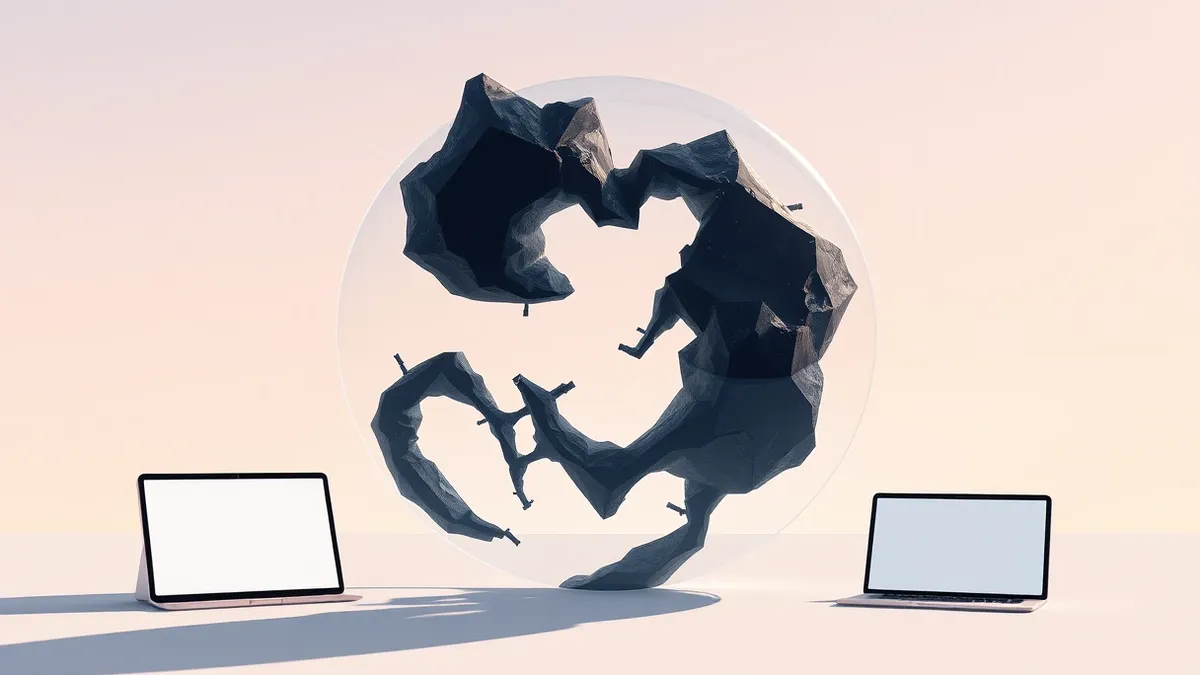 Illustration: A translucent shield wraps around a shifting, jagged blob of dark matter.
