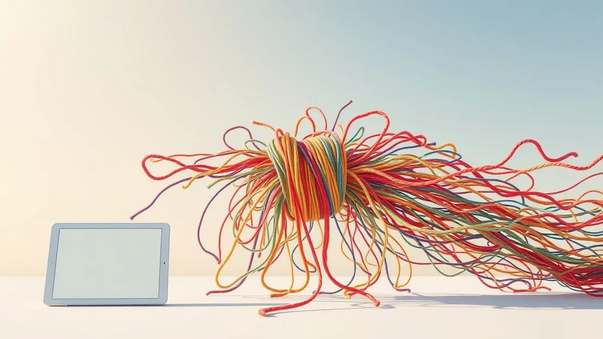 Illustration: A tangled mass of colorful yarn threads converges into a single tight knot.