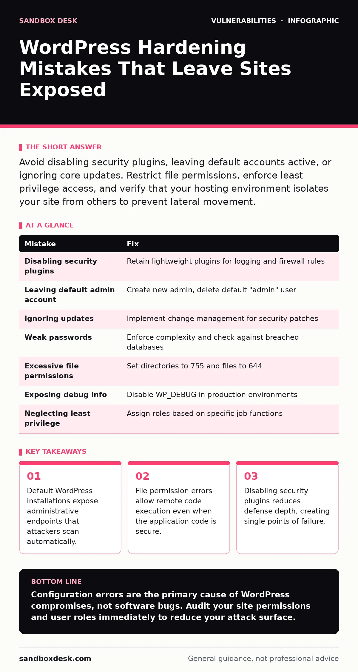 Infographic: WordPress Hardening Mistakes That Leave Sites Exposed. Default WordPress installations expose administrative endpoints that attackers scan automatically. File permission errors allow remote code execution even when the application code is secure. Disabling security plugins reduces defen