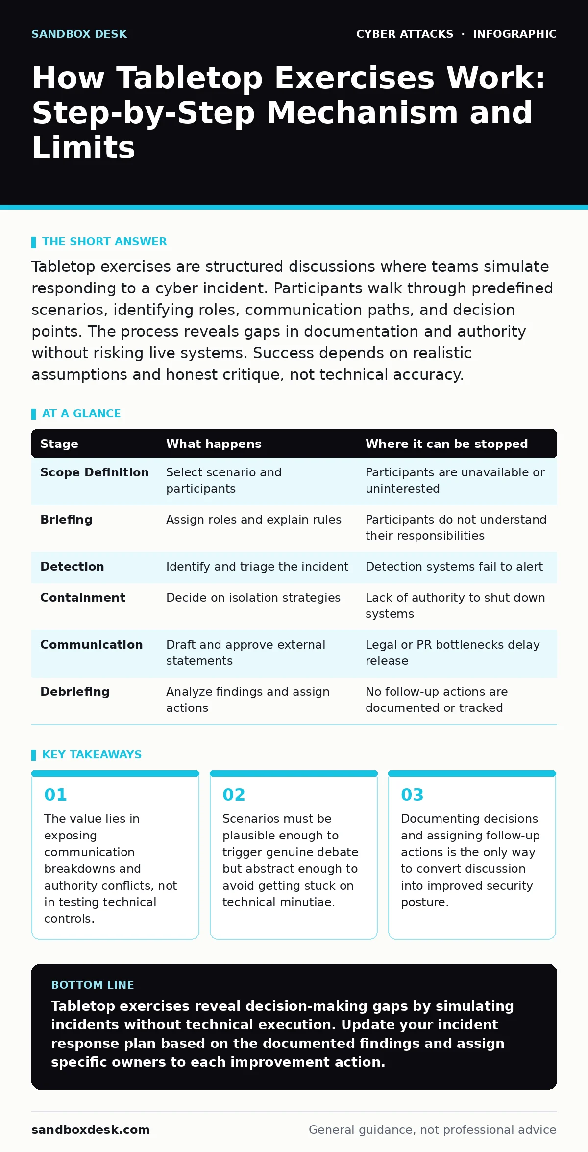 Infographic: How Tabletop Exercises Work: Step-by-Step Mechanism and Limits. The value lies in exposing communication breakdowns and authority conflicts, not in testing technical controls. Scenarios must be plausible enough to trigger genuine debate but abstract enough to avoid getting stuck on tech