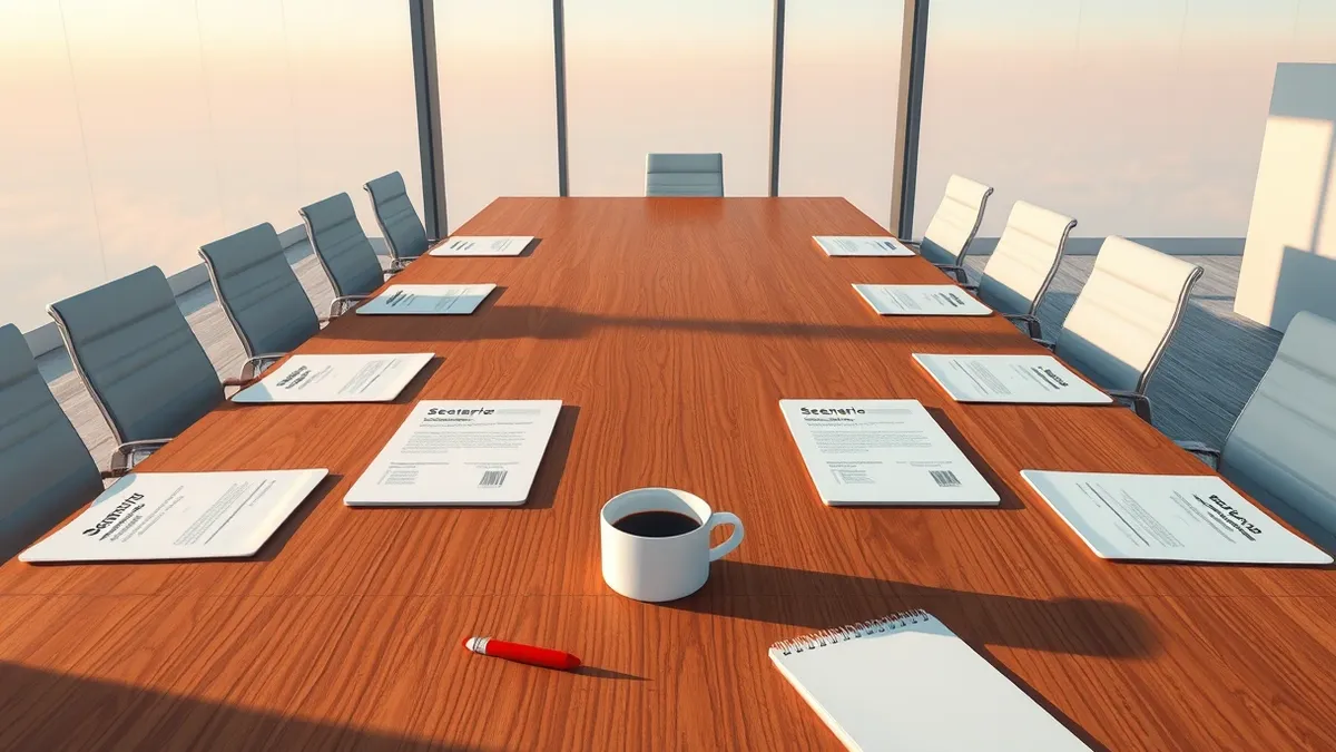 Illustration: A large wooden conference table holds printed scenario cards and blank notepads.