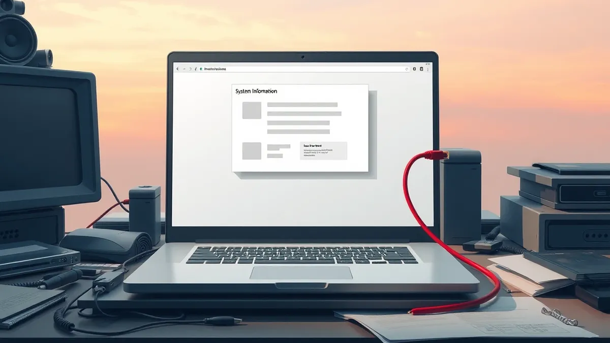 Illustration: A silver laptop sits on a cluttered desk with its screen displaying a single open window titled System Information.