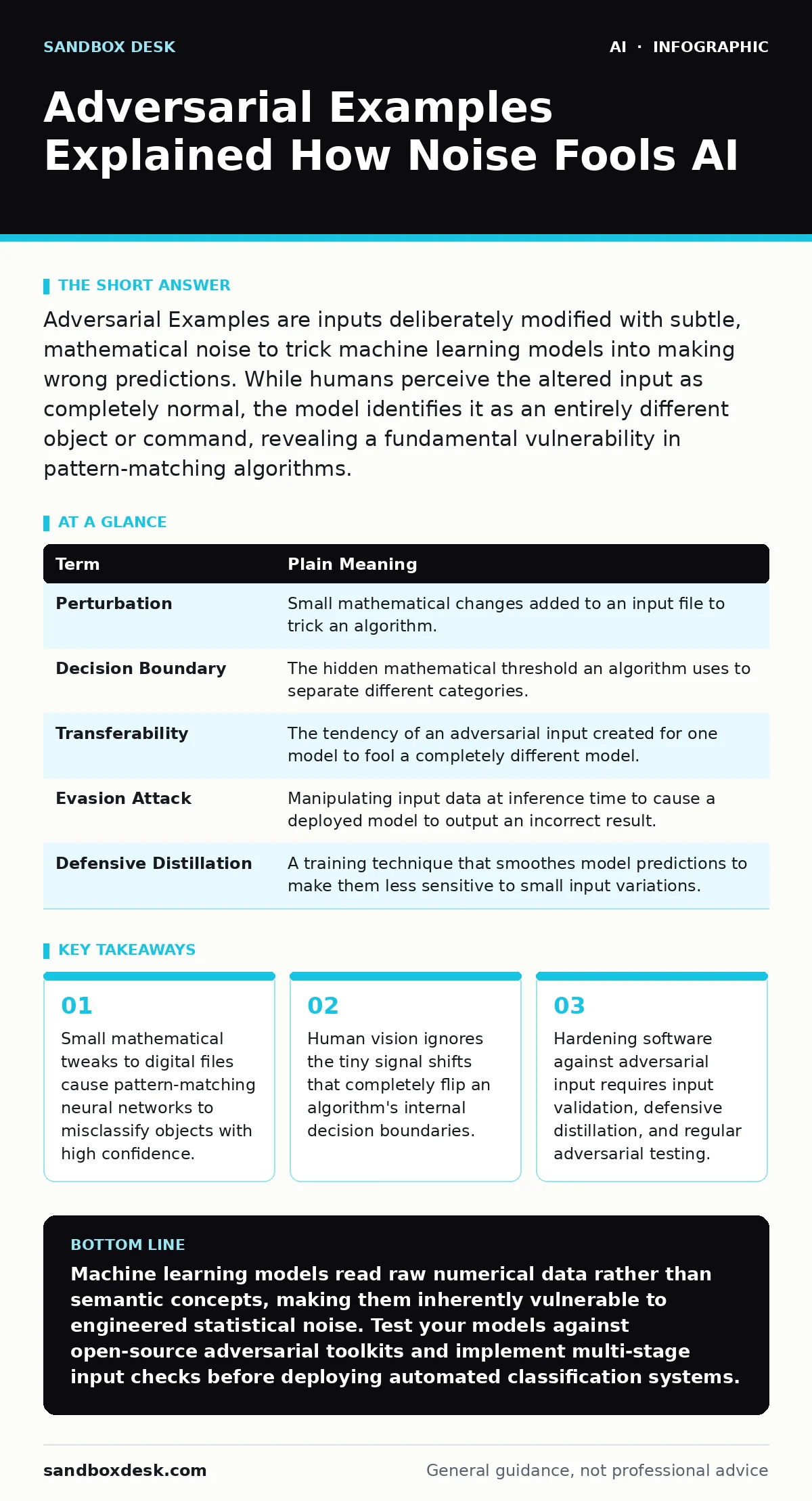Infographic: Adversarial Examples Explained How Noise Fools AI. Small mathematical tweaks to digital files cause pattern-matching neural networks to misclassify objects with high confidence. Human vision ignores the tiny signal shifts that completely flip an algorithm's internal decision boundaries.